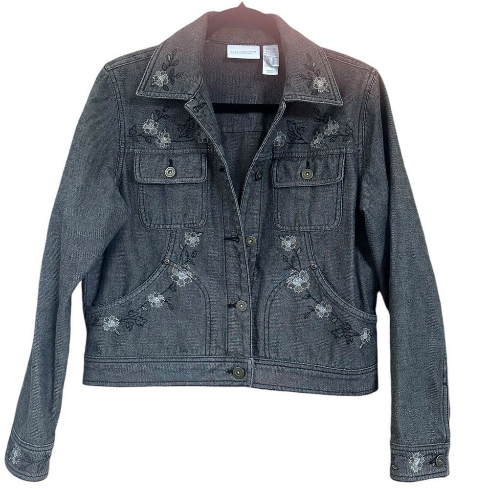 Liz Claiborne BLACK 1990s DISTRESSED EMBROIDERED FLORAL DENIM JACKET, Small